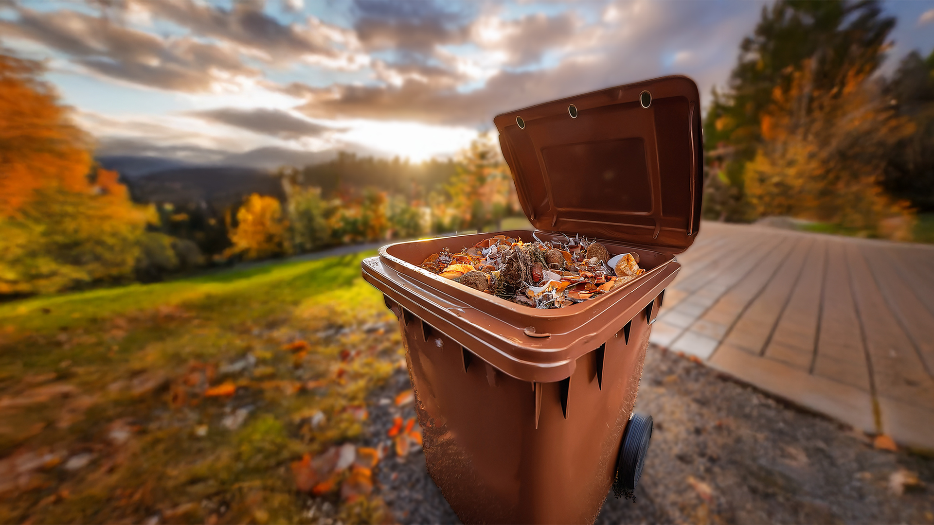 Eine Biotonne vor herbstlichem Hintergrund