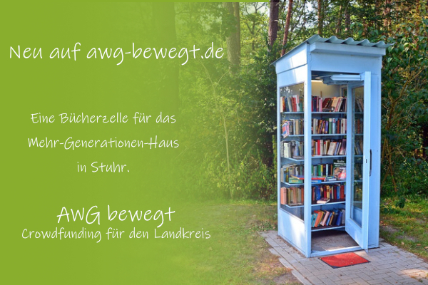 Eine blaue Bücherzelle als Beispiel.